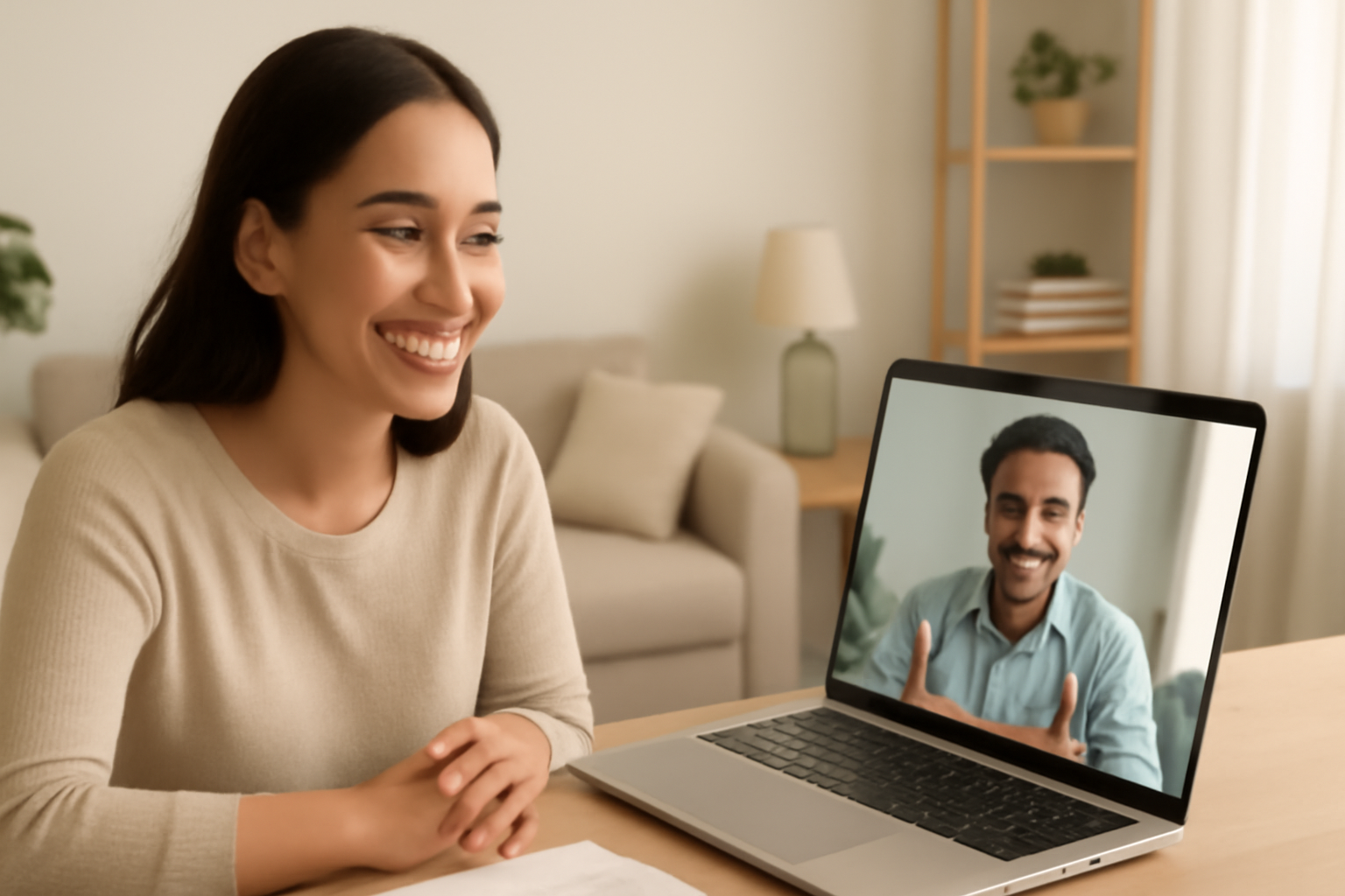 Imagen fotogrfica 169 de una persona siendo atendida por un asesor en una oficina acogedora o por videollamada Gestos amables ambiente luminoso y tran-4